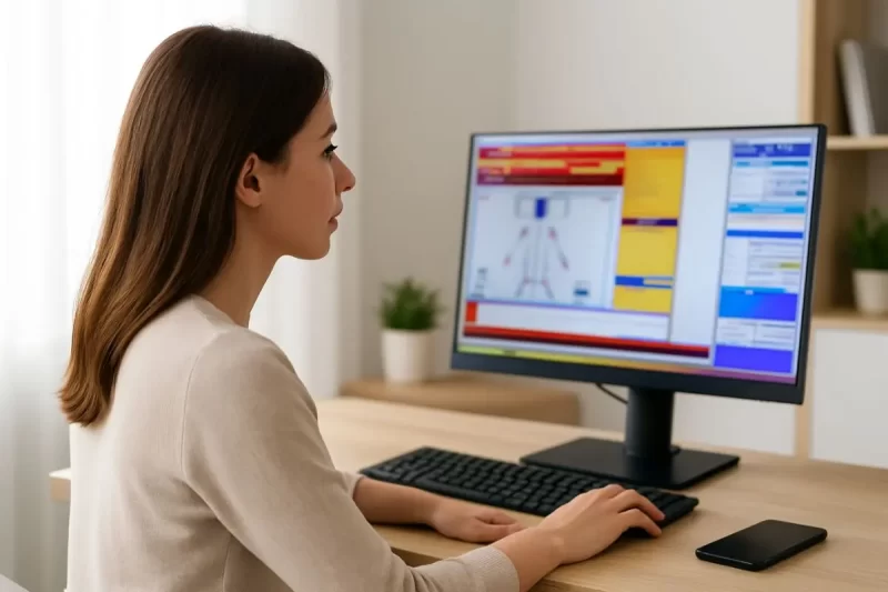 Mulher analisando dados de sessão de biofeedback em computador com Mandelay Q9