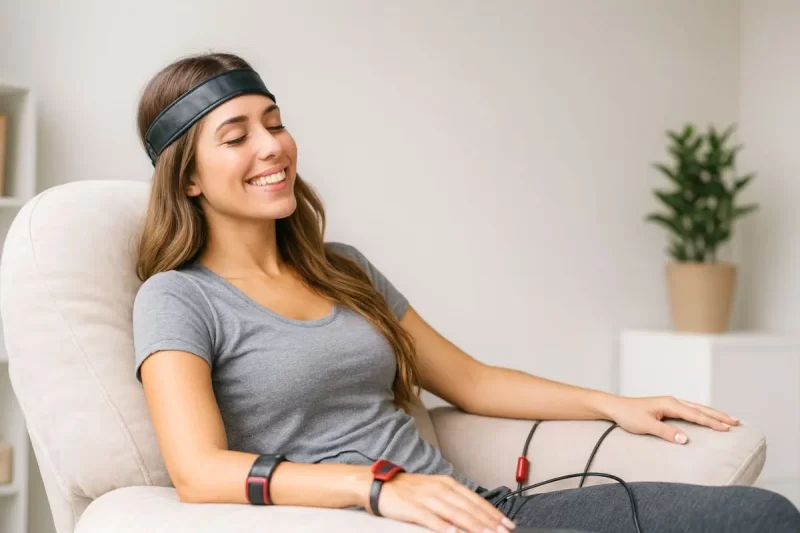 Mulher relaxando em poltrona durante sessão com Mandelay Q9