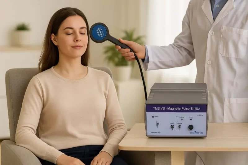 Mulher sentada recebendo estímulo com o TMS V3 aplicado por profissional