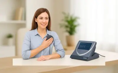 Mulher sorridente utilizando equipamento BEMER durante sessão de terapia de microcirculação.