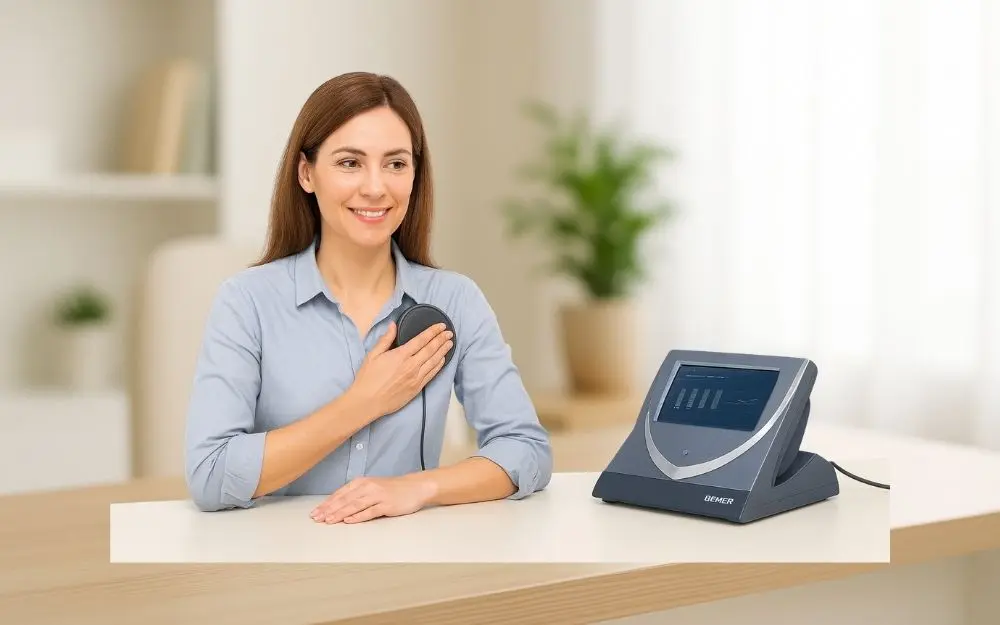 Mulher sorridente utilizando equipamento BEMER durante sessão de terapia de microcirculação.