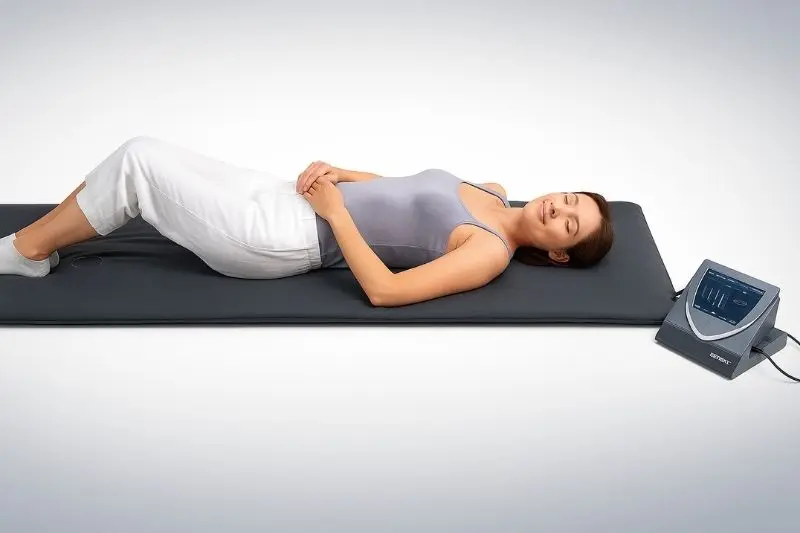 Mulher relaxando deitada durante sessão de terapia BEMER, com equipamento ao lado em ambiente de clínica.
