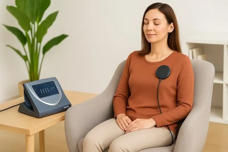 Mulher sentada confortavelmente recebendo terapia BEMER com equipamento médico ao lado.
