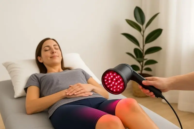 Mulher deitada recebendo aplicação de luz LED nos joelhos com equipamento Bios Fototerapia