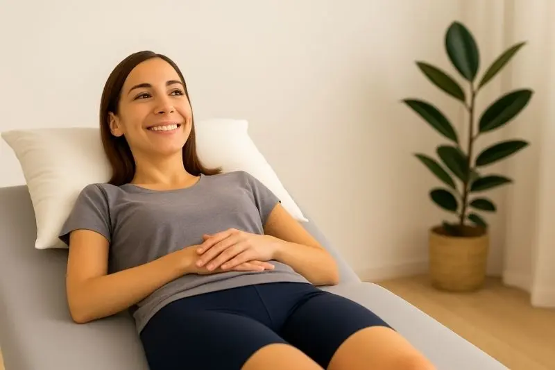 Mulher sorrindo deitada após sessão de Bios Fototerapia