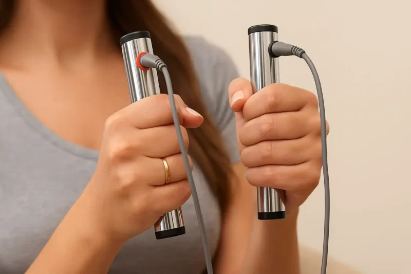 Pessoa segurando os eletrodos do Color Gen Pró durante sessão