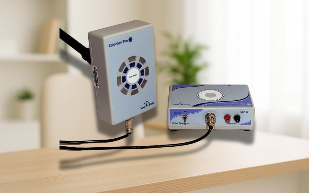 Equipamento Color Green Pro conectado para sessão de cromoterapia