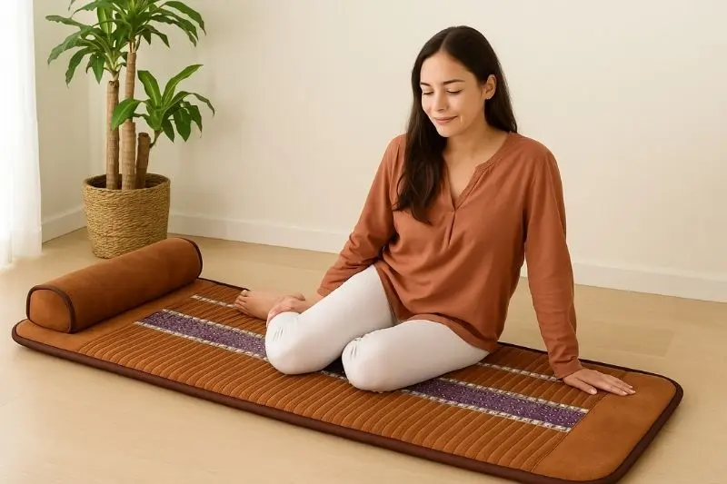 Mulher sentada sobre manta Biomat em ambiente terapêutico, sorrindo e relaxando após a sessão.
