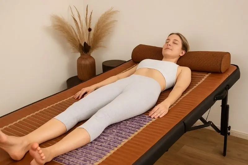 Mulher deitada relaxando sobre manta Biomat terapêutica marrom, em ambiente de clínica natural e acolhedor.