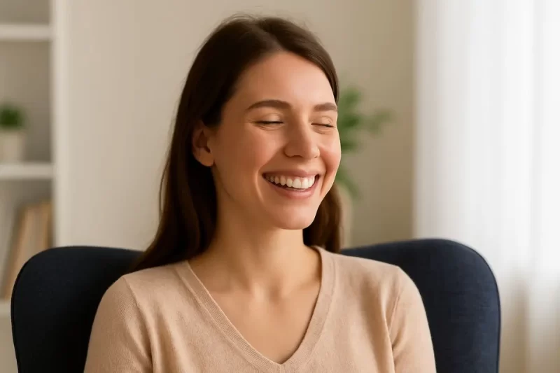 Mulher sorridente demonstrando bem-estar após procedimento