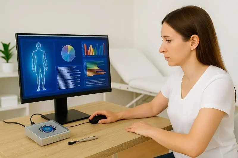 Terapeuta analisando resultados de bioressonância do Solar Wave Scanner no computador.