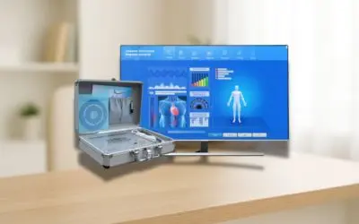 Dispositivo Solar Wave Scanner com software de análise corporal exibido em monitor