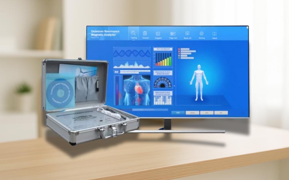 Dispositivo Solar Wave Scanner com software de análise corporal exibido em monitor