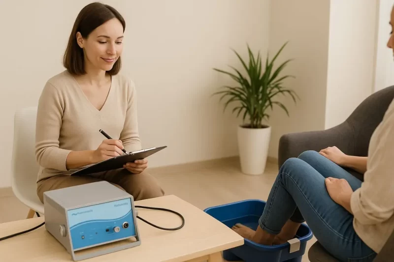 Terapeuta observando sessão do Hidrovitalis e anotando em prancheta